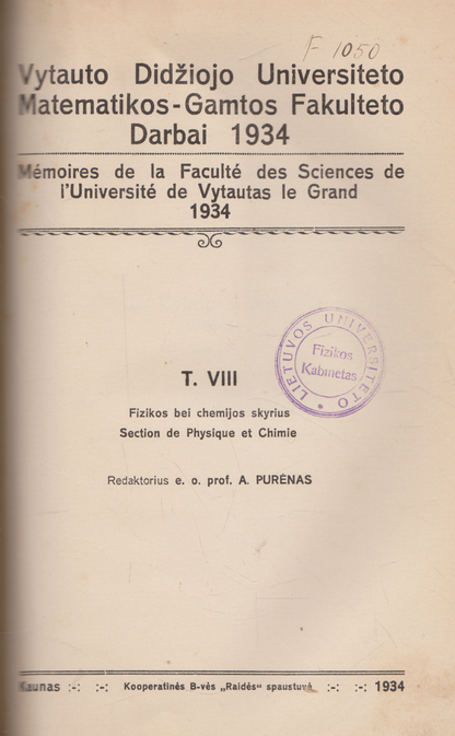 Vytauto Didžiojo Universiteto Matematikos-Gamtos Fakulteto Darbai 1934/1937 m.