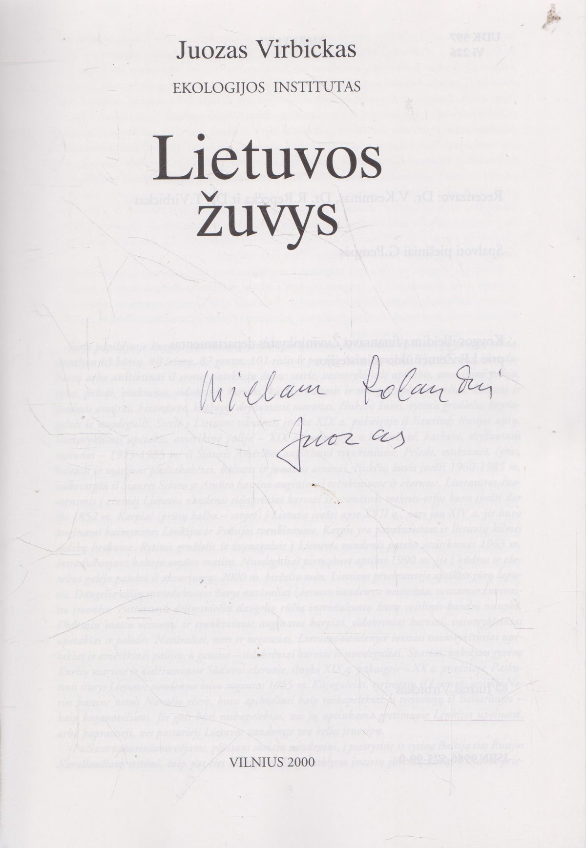 J. Virbickas - Lietuvos žuvys (su autoriaus dedikacija)