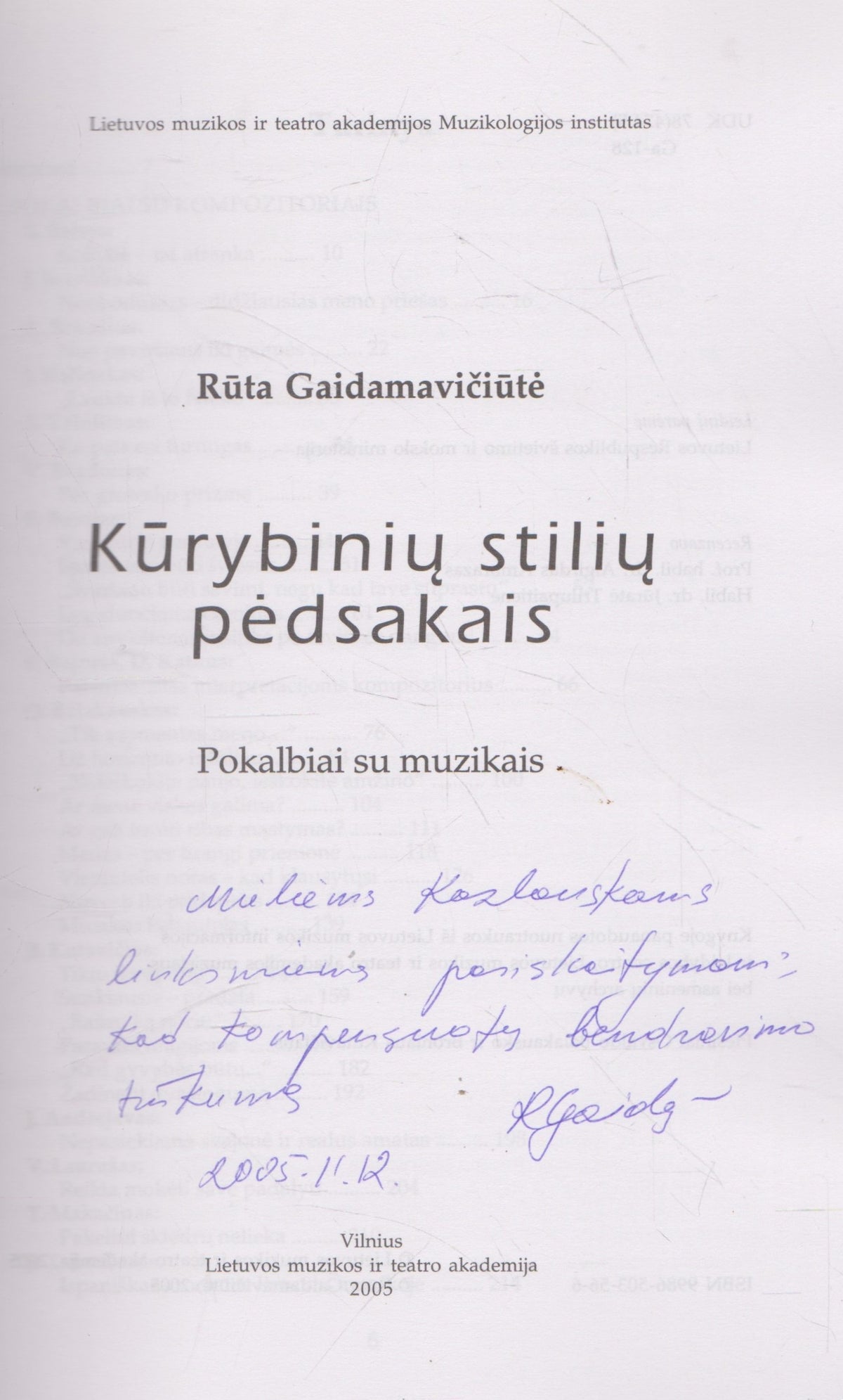 Kūrybinių stilių pėdsakais. Pokalbiai su muzikais (su aut. dedikacija)