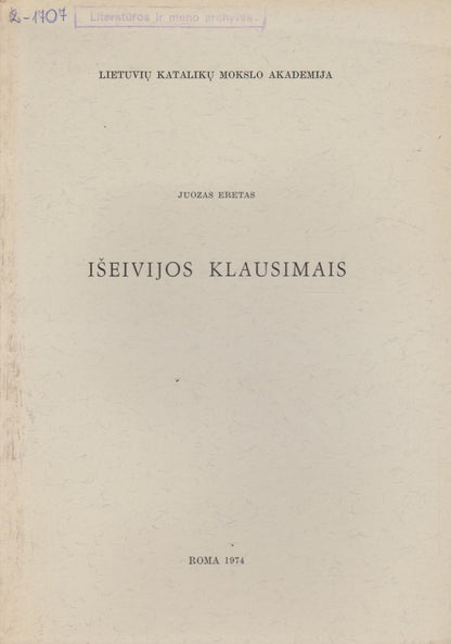 Juozas Eretas - Išeivijos klausimais, Roma, 1974